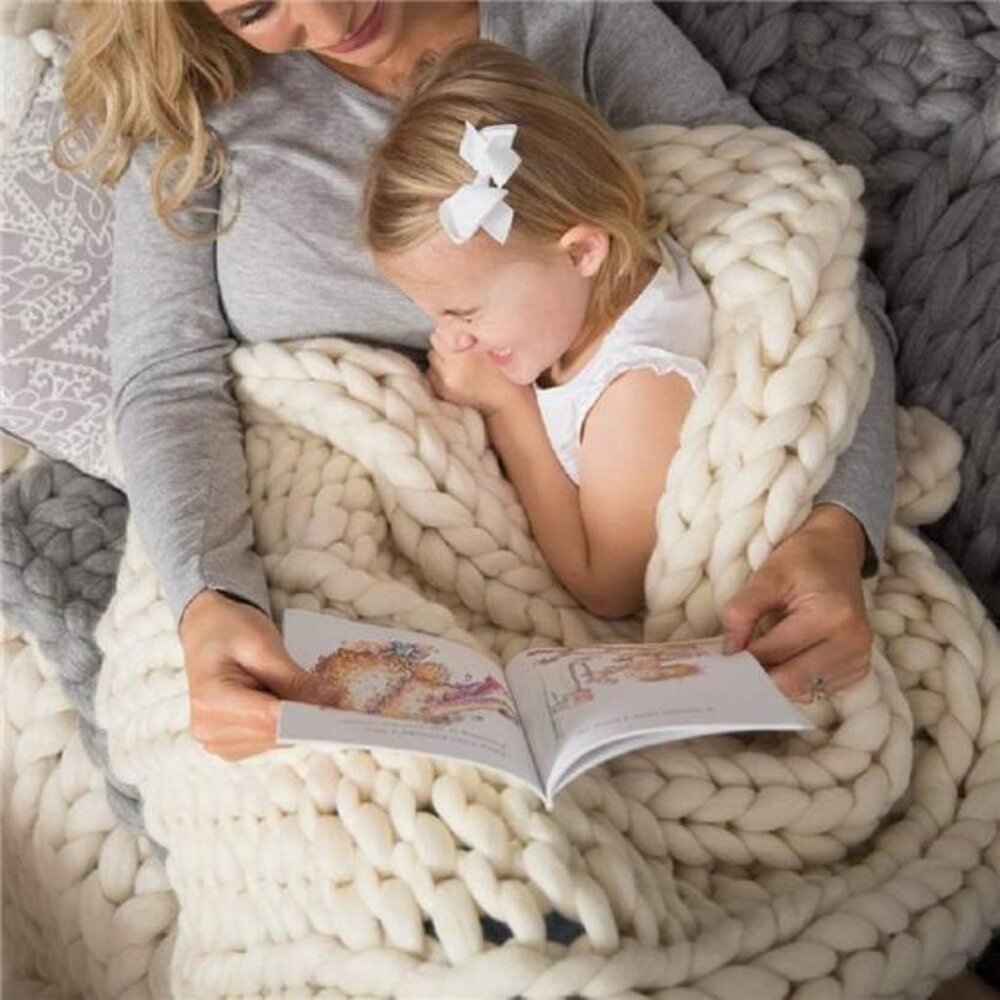 Chunky Knit Blanket Hand Made Merino Wool Throw Boho (Ivory White 40"x60") - Picture 5 of 8